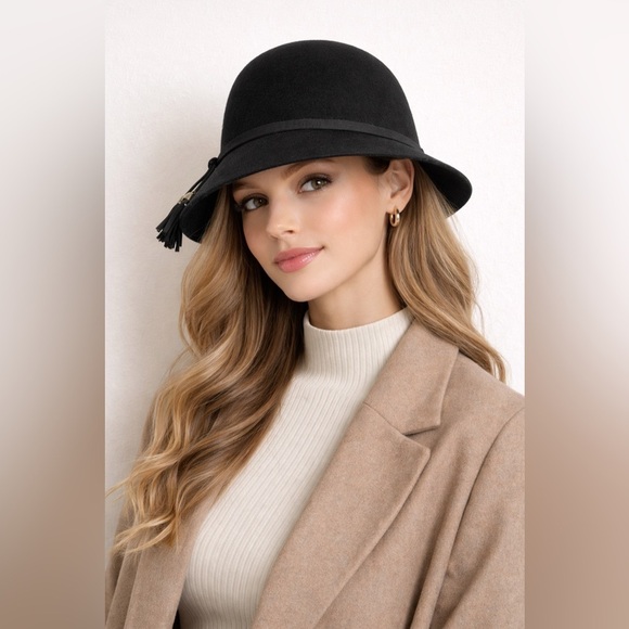 Nine West Accessories - Nine West Black Felt Cloche Hat with Tassel Tie – NWT